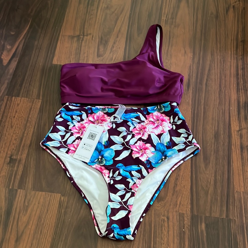 Cupshe Plum One-Shoulder Floral High-Waist Bikini (Plum, Pink, Blue, White)
